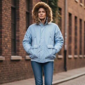 VTG DJ Mark Fur Hood Puffer Jacket Light Blue XL Nylon Polyester Winter Warm‎